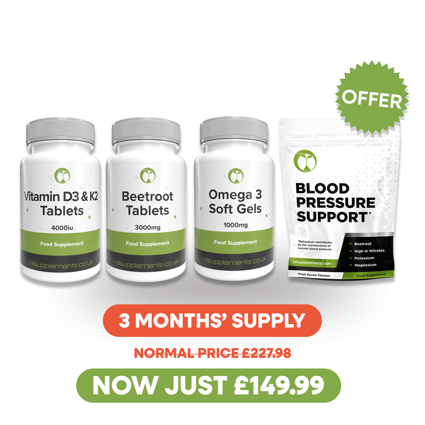 Blood Pressure Support, Vitamin D3 K2, Beetroot + Omega 3 x3 Month Bundle